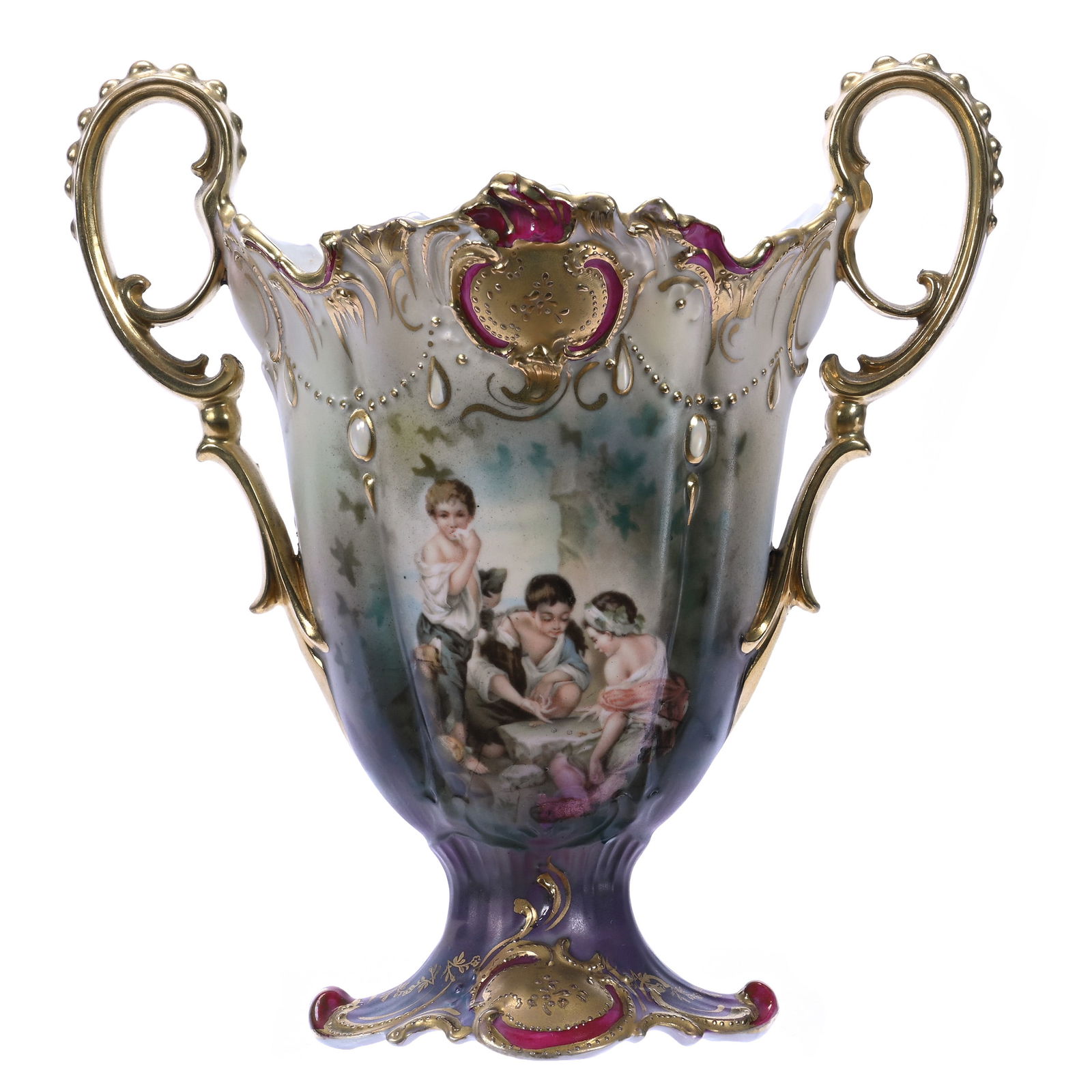 Pedestal Vase, Two Handles, Marked R. S. Prussia, Dice Throwers Scenic Decor (1 of 3)