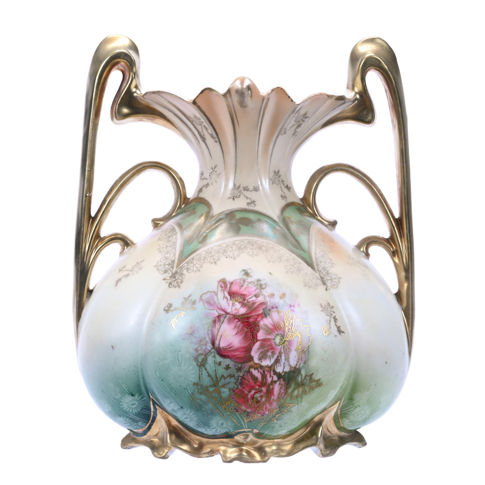 Vase Two Handles, Marked R.S. Prussia: Vase Two Handles, Marked R.S. Prussia, 7.25" x 6", Peach, Green And White Satin Finish, Pink Poppy Decor, Nice Gold Stencil Highlights, Christine And The Late Bob Welter.