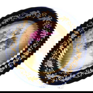 Plate Marked Prov Saxe, Gibson Girl "Sally" Portrait: Plate Marked Prov Saxe, Gibson Girl "Sally" Portrait, 10", Dark Cobalt Blue Border, Gold Enamel Highlights, Illinois Private Collection.