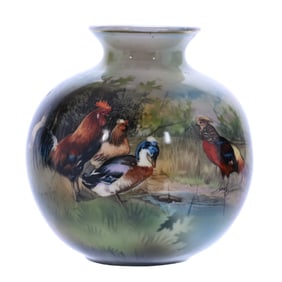 Vase, Unmarked R.S. Prussia Mold 907 Three Scene Featuring Barnyard, Pheasant & Turkey Decor