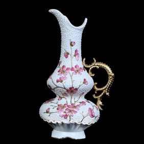 Ewer, Rare "Arrow" Marked R.S. Prussia "Dewdrop" Mold, White W/ Pink Floral Decor, Gold Highlights