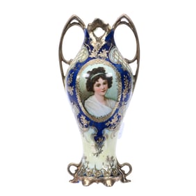 Vase, Two Handles, Marked Royal Vienna, Lebrun W/ Ribbon Portrait, Cobalt Blue Border, Nice Gold!