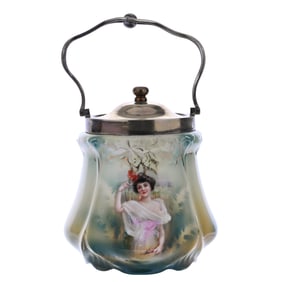 Biscuit Jar, Unmarked R.S. Prussia Summer Season Portrait, Silverplate Lid & Bail