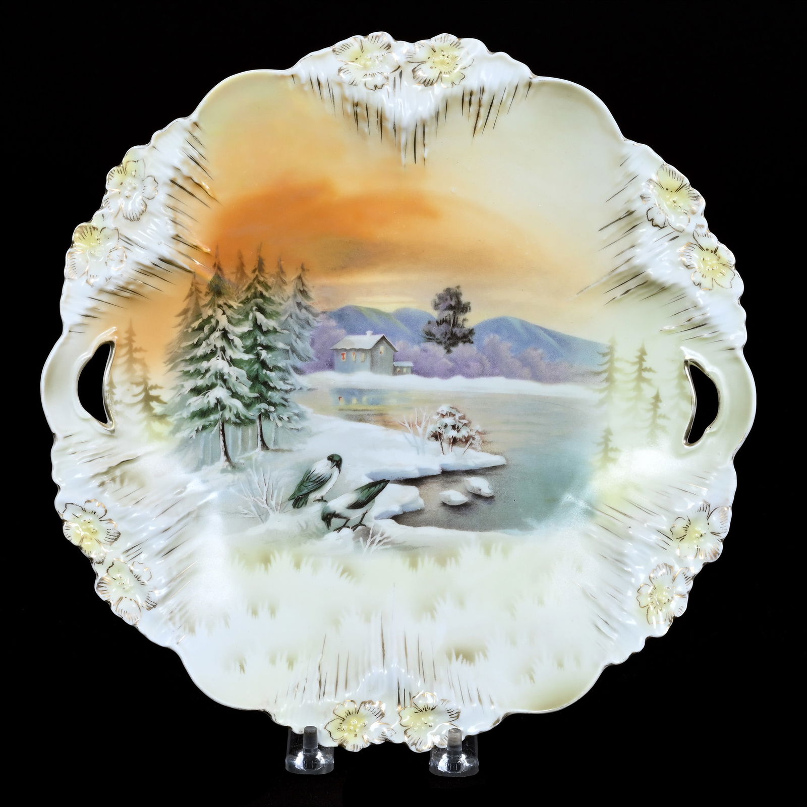 Two Handled Cake Plate, Unmarked R.S. Prussia, Icicle Mold - Beautiful Snowbird Scenic Decor (1 of 2)