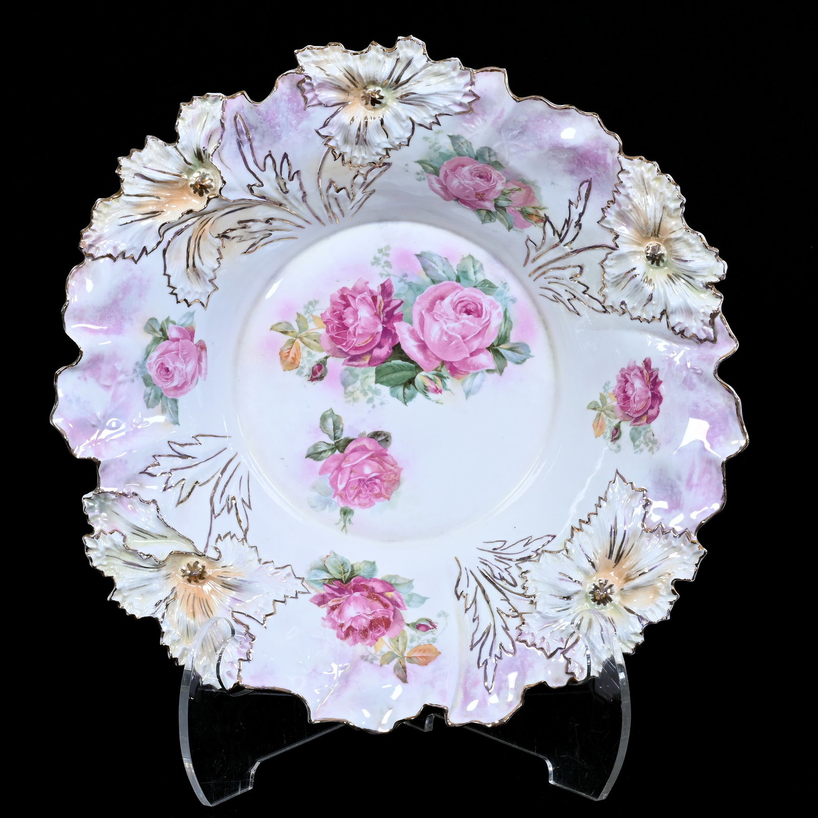 Center Bowl Marked R.S. Prussia, Carnation Mold: Center Bowl Marked R.S. Prussia, Carnation Mold, 15", White, Pink And Lavender Finish, Pink Rose Decor, Nice Gold Trim, Christine And The Late Bob Welter.