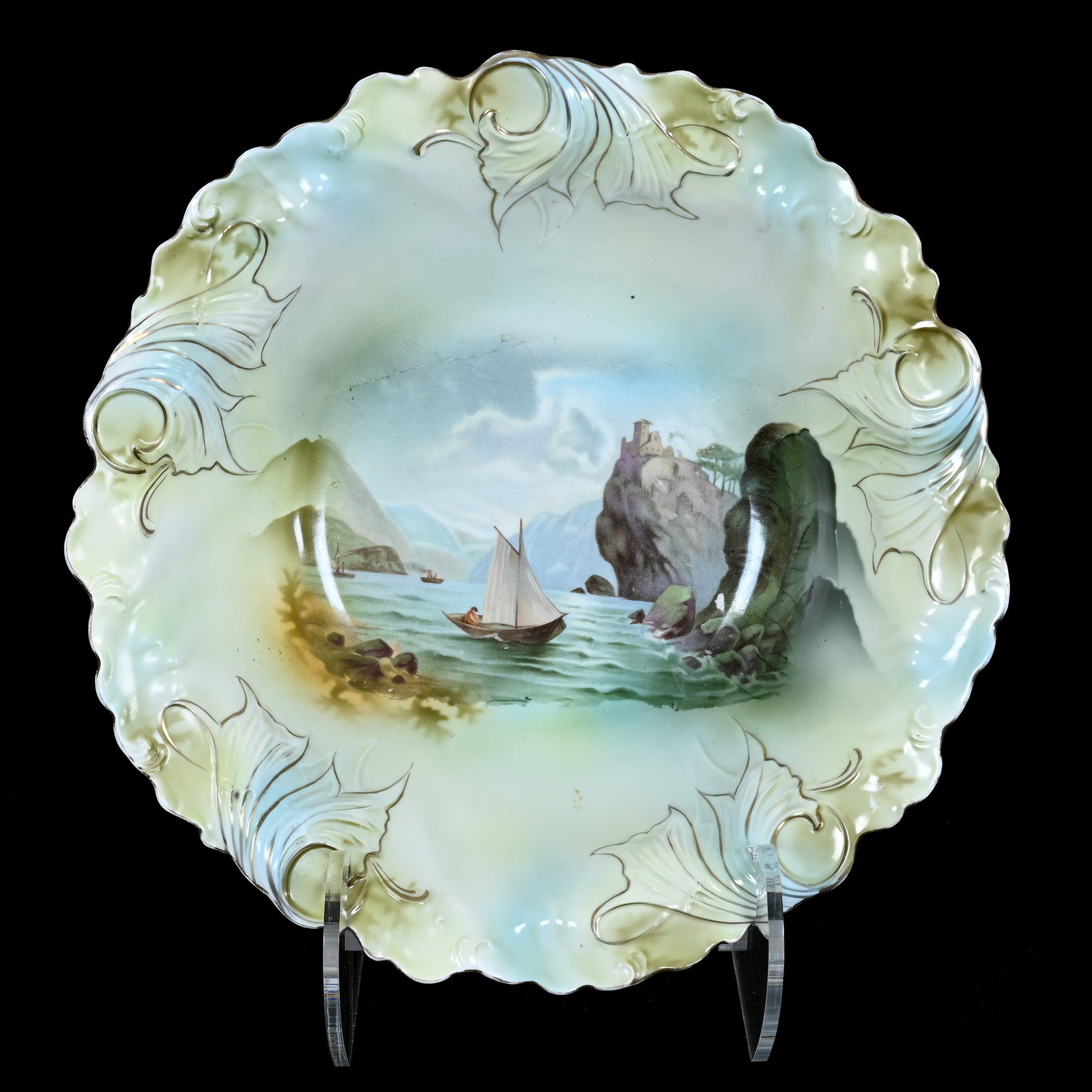 Bowl Marked R.S. Prussia, Old Man In Mountain Scenic Decor: Bowl Marked R.S. Prussia, Old Man In Mountain Scenic Decor, 10.75", Yellow, Green And Blue Tones, Christine And The Late Bob Welter.