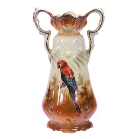 Vase, Salesman Sample, Two Handles, Marked R.S. Prussia, Parrot Scenic Decor