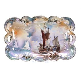 Dresser Tray Marked R.S. Prussia, Masted Schooner Scenic Decor
