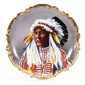 Charger Marked L.S.&S. Limoges, Wonderful Portrait Of Native American Chief "White Swan Crow"