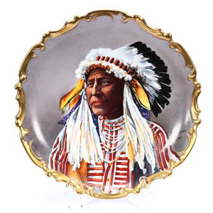Charger Marked L.S.&S. Limoges, Wonderful Portrait Of Native American Chief "White Swan Crow"
