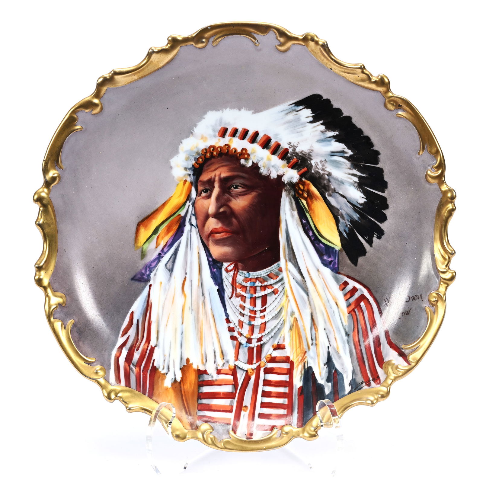 Charger Marked L.S.&S. Limoges, Wonderful Portrait Of Native American Chief "White Swan Crow"