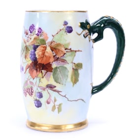 Mug, Unmarked Limoges, Figural Dragon Handle, Hand Painted Berry And Leaf Decor
