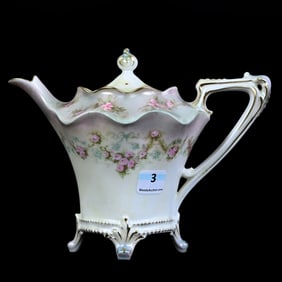Footed Teapot Marked R.S. Prussia, Green And White Satin Finish