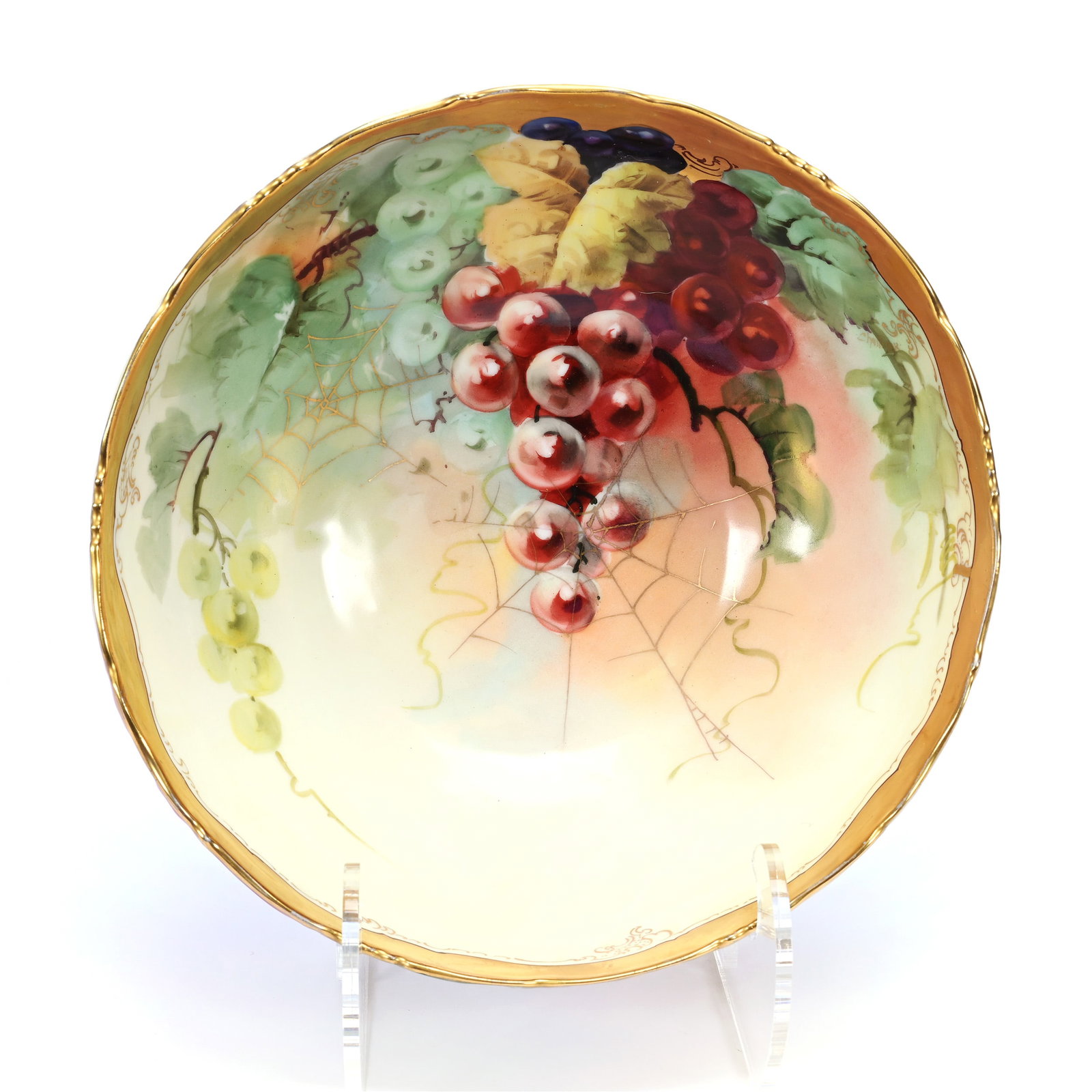 Bowl Marked T&V Limoges, Vintage Decor, Spider Web And Gold Highlights: Bowl Marked T&V Limoges, Vintage Decor, Spider Web And Gold Highlights, 4.5" x 9.25", Brown And Yellow Ground, Illinois Private Collection.