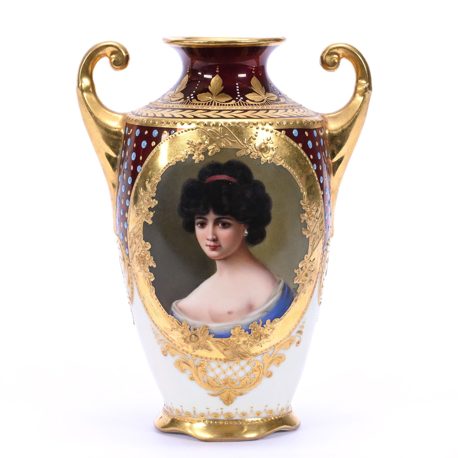 Vase, Two Handles, Unmarked Dresden Style, Medallion Portrait Of "Messalina", Artist Signed (1 of 3)