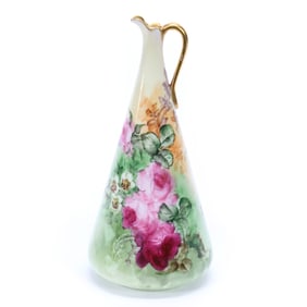 Tapered Ewer Marked C.A.C. Belleek, Pink Rose Decor, Green And Yellow Tones