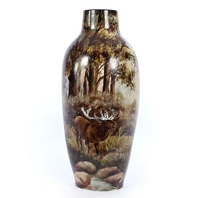 Vase Marked J&C Bavaria, Hand Painted Elk And Forest Scenic Decor