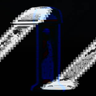 Perfume Burner Lamp Marked Duchaussy, Made For Limoges: Perfume Burner Lamp Marked Duchaussy, Made For Limoges, 16.75" x 7", Three Part Lamp, Three-Sided, White With Blue And Gold Highlights, Features Cut Out Of Three Art Deco Women, Original Insert And
