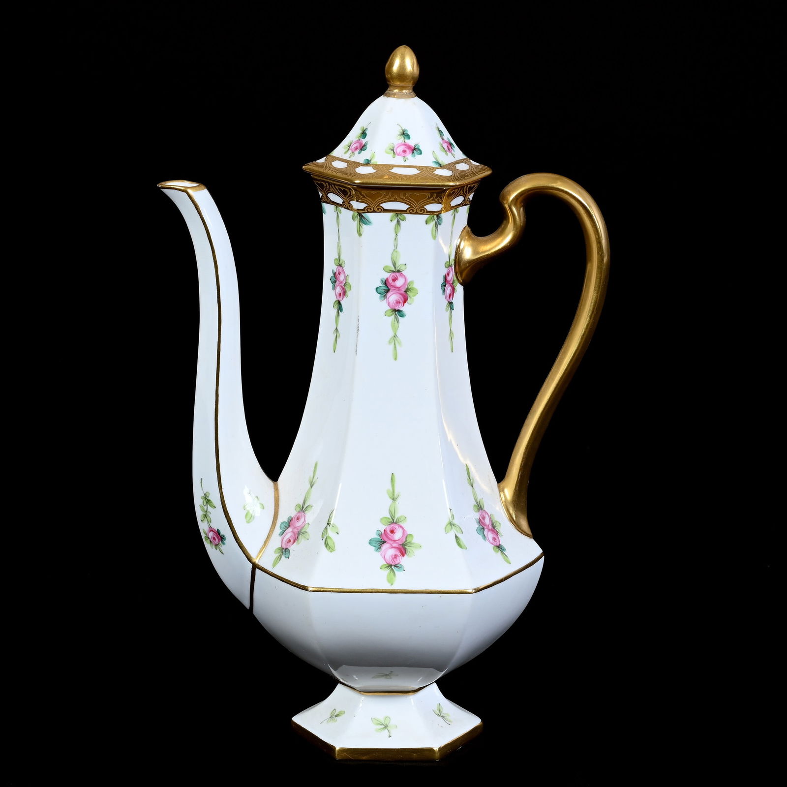 Pedestal Demitasse Pot Marked Minton, Made For Higgins & Seiter: Pedestal Demitasse Pot Marked Minton, Made For Higgins & Seiter, 11.5" x 7.25", White With Pink Rose Decor, Gold Trim Highlights, Finial Repair On Lid, Illinois Private Collection.