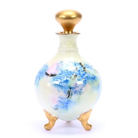 Footed Cologne Bottle Marked Bavaria, Yellow Tones, Blue Floral Decor