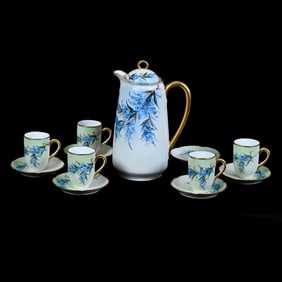 Chocolate Set Marked Germany, Blue, Green, And White Tones, Blue Floral Decor