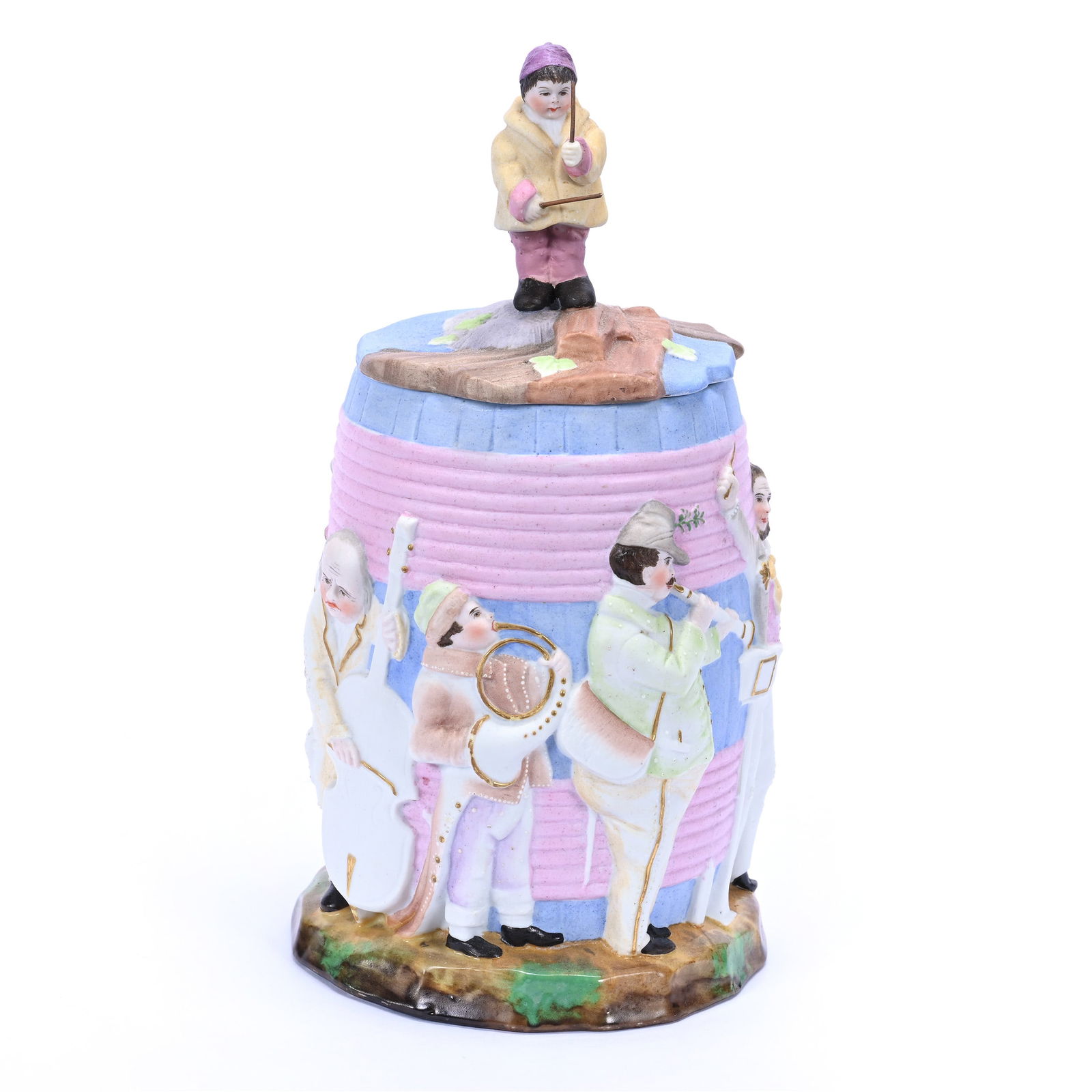 Humidor, Unmarked French Bisque, Elaborate Embossed Scene Of Musicians: Humidor, Unmarked French Bisque, Elaborate Embossed Scene Of Musicians, 9.25" x 5", Finial In Form Of Child Holding Drumsticks, Glazed Interior, Unique, Illinois Private Collection.