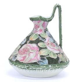 Ewer Marked Nippon (Maple Leaf Mark), Green Tones, Pink Rose Decor