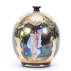 Vase Marked Prov Saxe, Four Scenic Panels With Iridescent Background