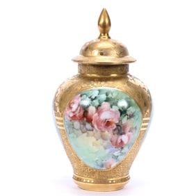 Covered Jar Marked Bavaria, Three Hand Painted Floral Panels