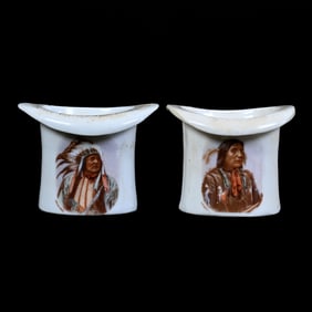 Pair Toothpick Holders, Hat Shaped Porcelain