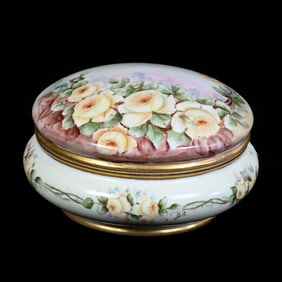 Round Dresser Box Marked Bavaria, Yellow Tones, Yellow Rose Decor