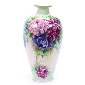 Vase Marked Lenox Belleek, Green And Yellow Ground, Large Chrysanthemum Decor