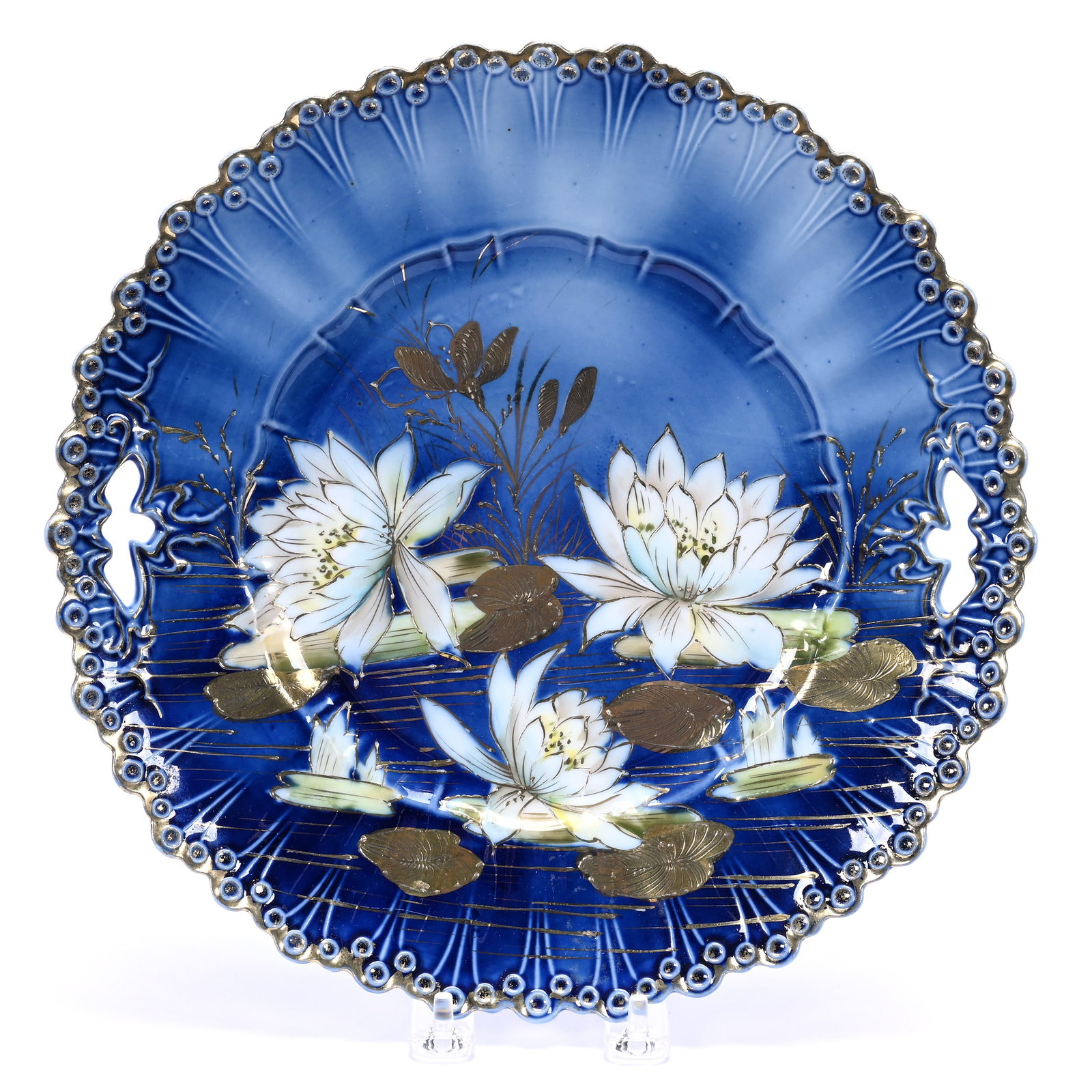 Cake Plate, Unmarked R.S. Prussia, Lollipop Mold: Cake Plate, Unmarked R.S. Prussia, Lollipop Mold, 11.25", Cobalt Blue With Waterlily Decor, Fantastic Gold Highlights, Illinois Private Collection.