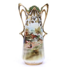 Vase, Two Handles, Unmarked Prussia, Exceptional Old Farmyard Scenic Decor