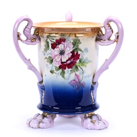 Footed Loving Cup, Three Handles, Unmarked Karlsbad Style Porcelain
