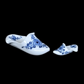 (2) Figural Slippers Marked Meissen Blue Crossed Swords, Blue Onion Pattern