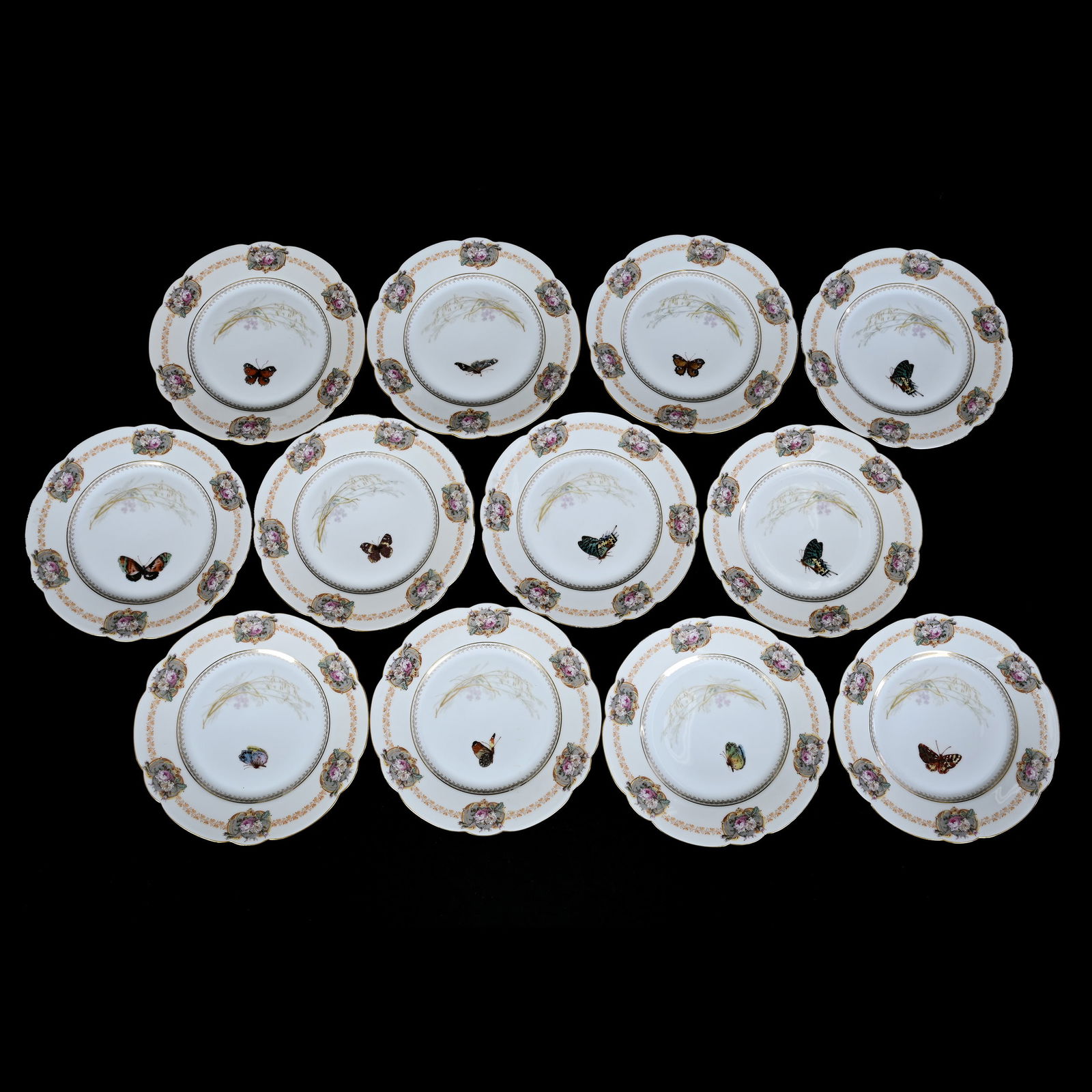 (12) Dinner Plates Marked Haviland & Co. Limoges: (12) Dinner Plates Marked Haviland & Co. Limoges, 9.5", White With Cream Border, Beautiful Hand Painted Butterfly Decor With Floral Medallion Border Highlights, Nice Set, Illinois Private Collection.