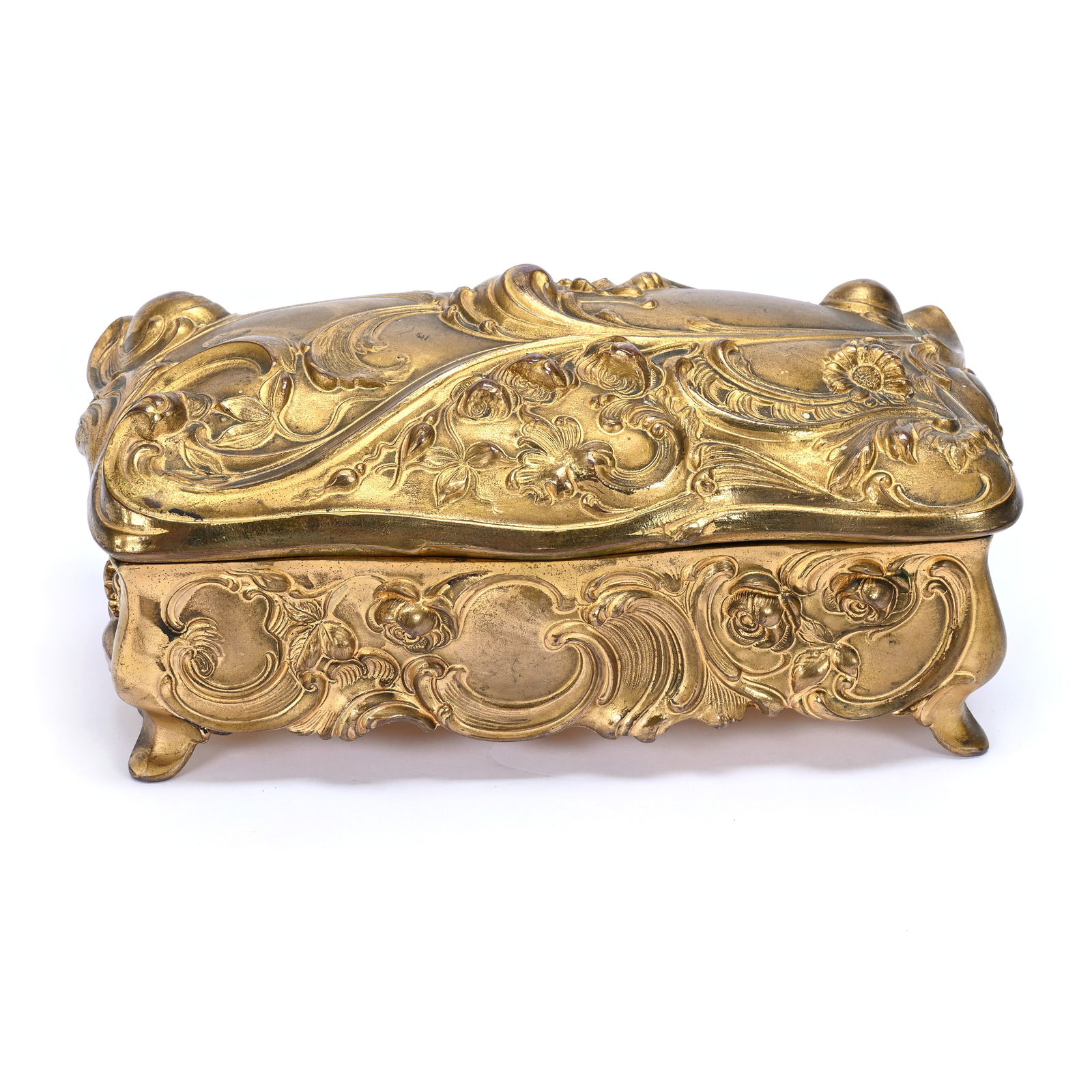 Gilt Metal Embossed Vanity Box Marked JB376: Gilt Metal Embossed Vanity Box Marked JB376, 4" x 8.75" x 4.75", Floral And Scroll Design, Original Silk Lined Interior, Illinois Private Collection.