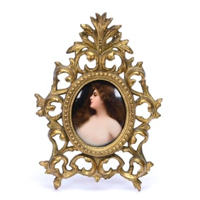 Oval Porcelain Plaque, Unmarked German, Portrait Of Young Woman