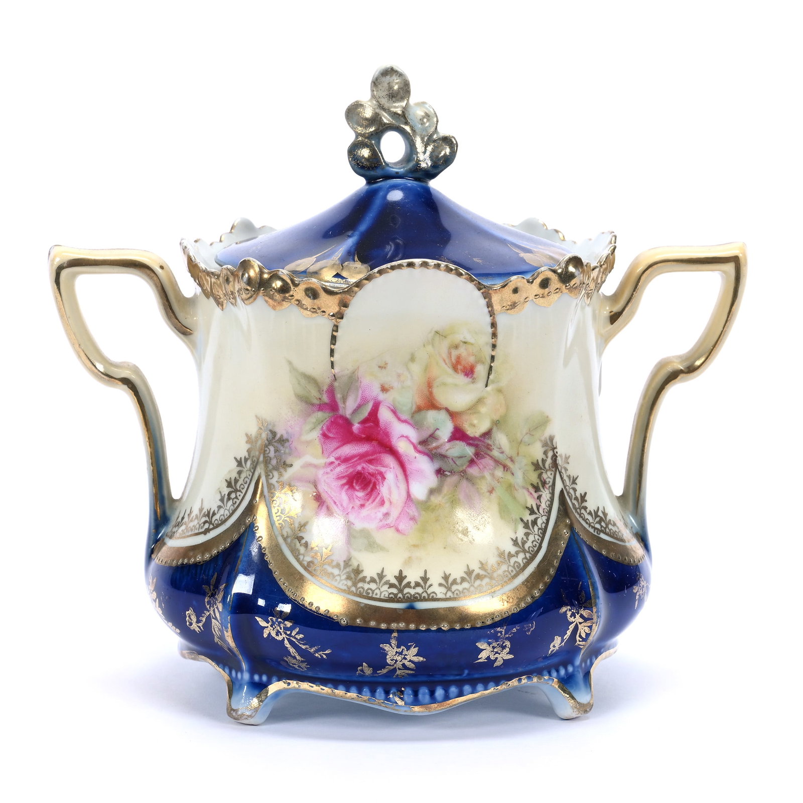 Sugar Bowl, Unmarked R.S. Prussia, Medallion Mold,: Sugar Bowl, Unmarked R.S. Prussia, Medallion Mold, 5" x 5.5", Cream & Cobalt Blue, Pink & Yellow Rose Decor, Illinois Private Collection.