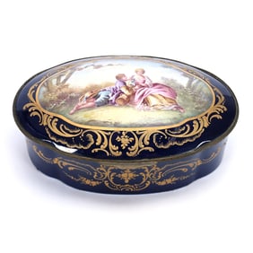Oval Dresser Box, Unmarked Sevres, Cobalt Blue, Hand Painted Courting Scene Decor