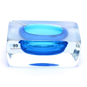Mid-Century Glass Block Ashtray, Clear With Blue Formed Interior