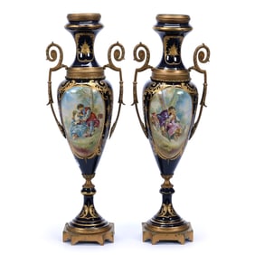 Pair Pedestal Urns, Unmarked Sevres Porcelain, Hand Painted Court Scenes