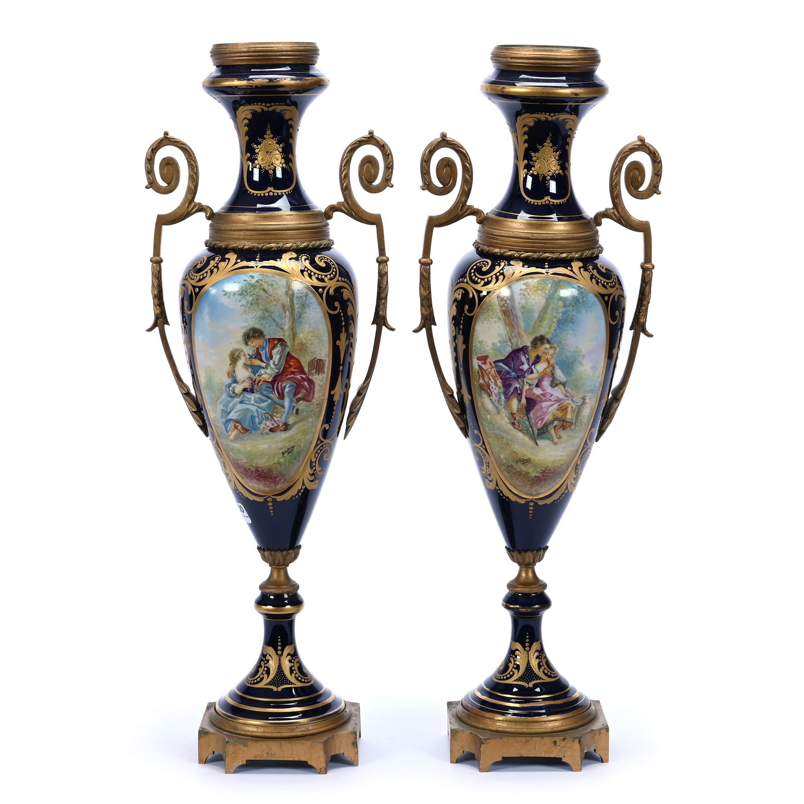 Pair Pedestal Urns, Unmarked Sevres Porcelain, Hand Painted Court Scenes: Pair Pedestal Urns, Unmarked Sevres Porcelain, Hand Painted Court Scenes, 21" x 7", Cobalt Blue, Gold Enamel Highlights, Gilt Metal Fittings, No Lids, Illinois Private Collection.