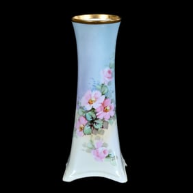 Vase Marked Bavaria, Blue And Yellow Tones, Hand Painted Pink Floral Decor