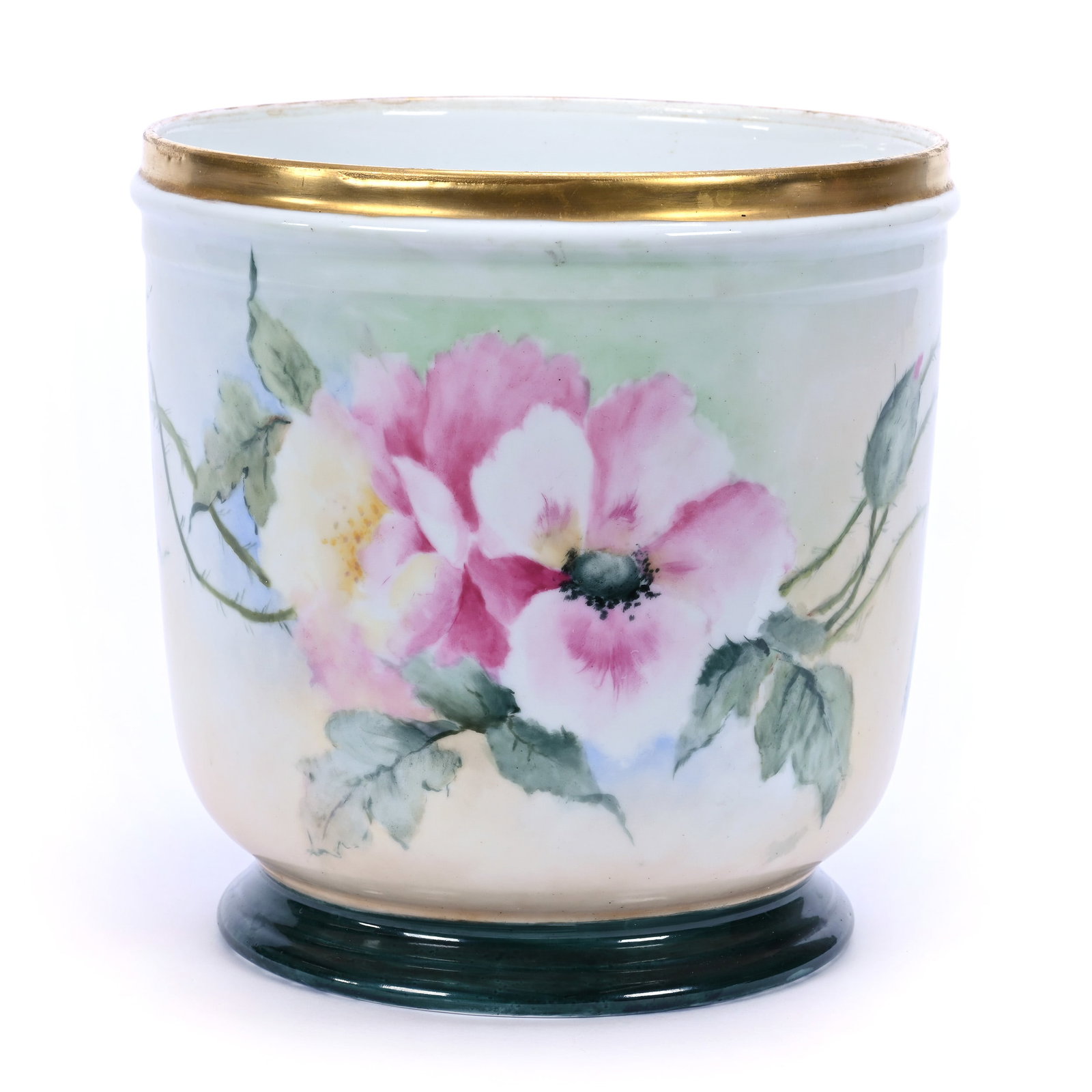 Planter Marked Elite Limoges, Cream And Green Tones, Pink Poppy Decor: Planter Marked Elite Limoges, Cream And Green Tones, Pink Poppy Decor, 8.25" x 8", Illinois Private Collection.