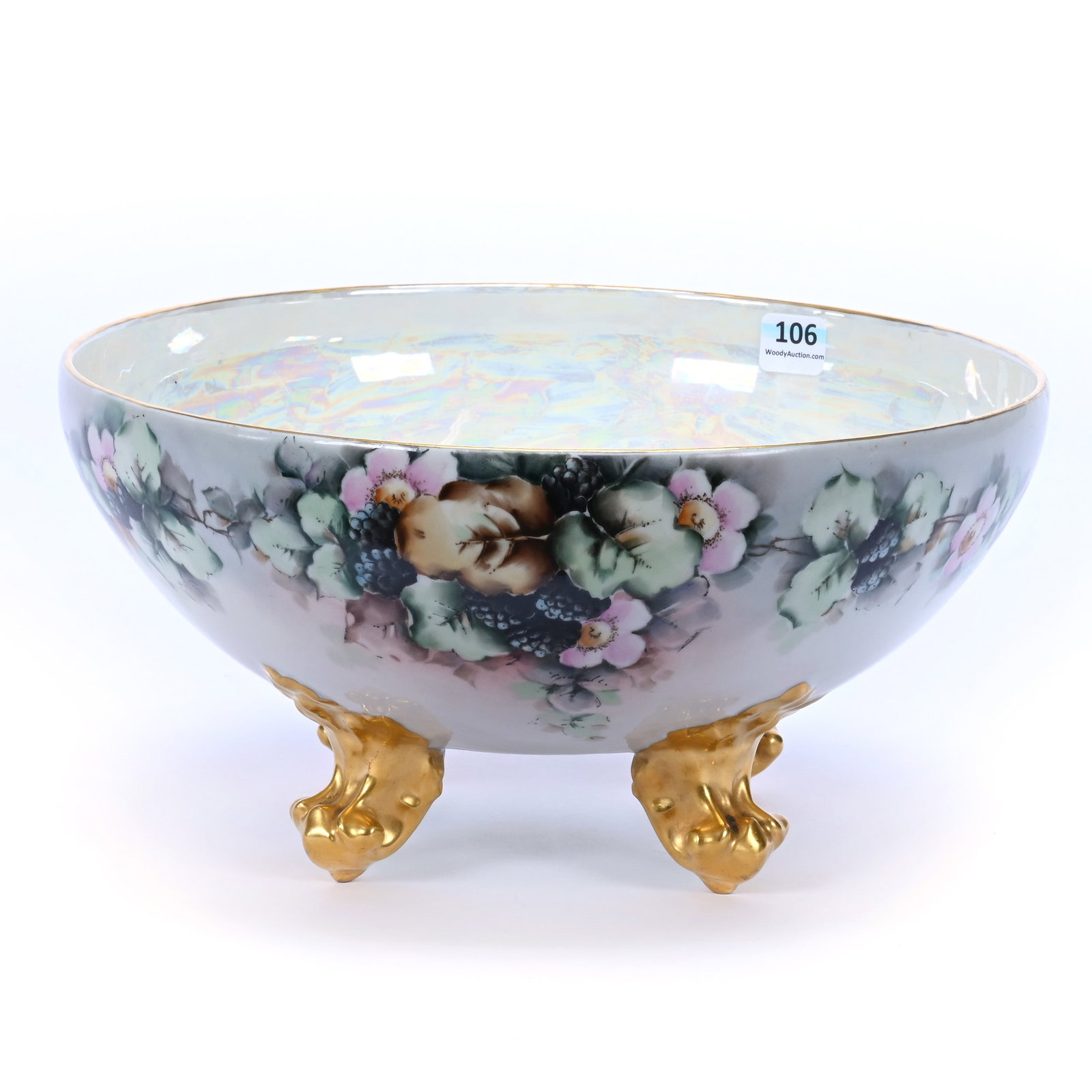 Footed Bowl Marked T&V Limoges, Pink And Green Exterior, Blackberry And Blossom: Footed Bowl Marked T&V Limoges, Pink And Green Exterior, Blackberry And Blossom, 5.5" x 10.5", Pearlized Iridescent Interior, Illinois Private Collection.