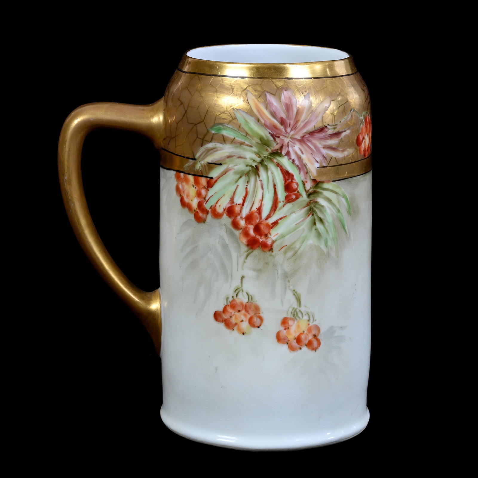 Stein, Unmarked Limoges Style, Hand Painted Currant Decor, Heavy Gold Border: Stein, Unmarked Limoges Style, Hand Painted Currant Decor, Heavy Gold Border, 7" x 5.75", Illinois Private Collection.