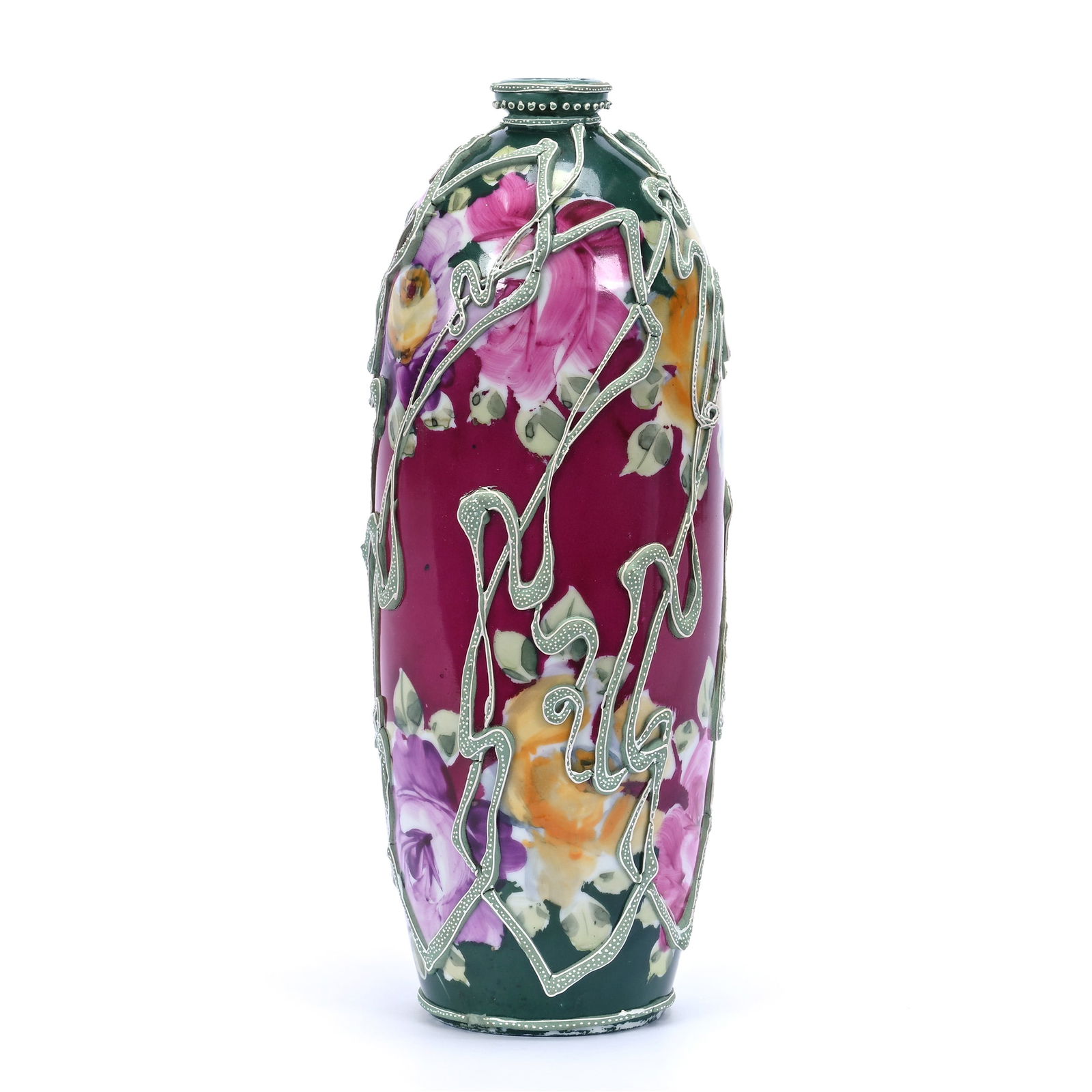 Vase, Unmarked Nippon, Red Background, Green Border, Rose Decor (1 of 5)