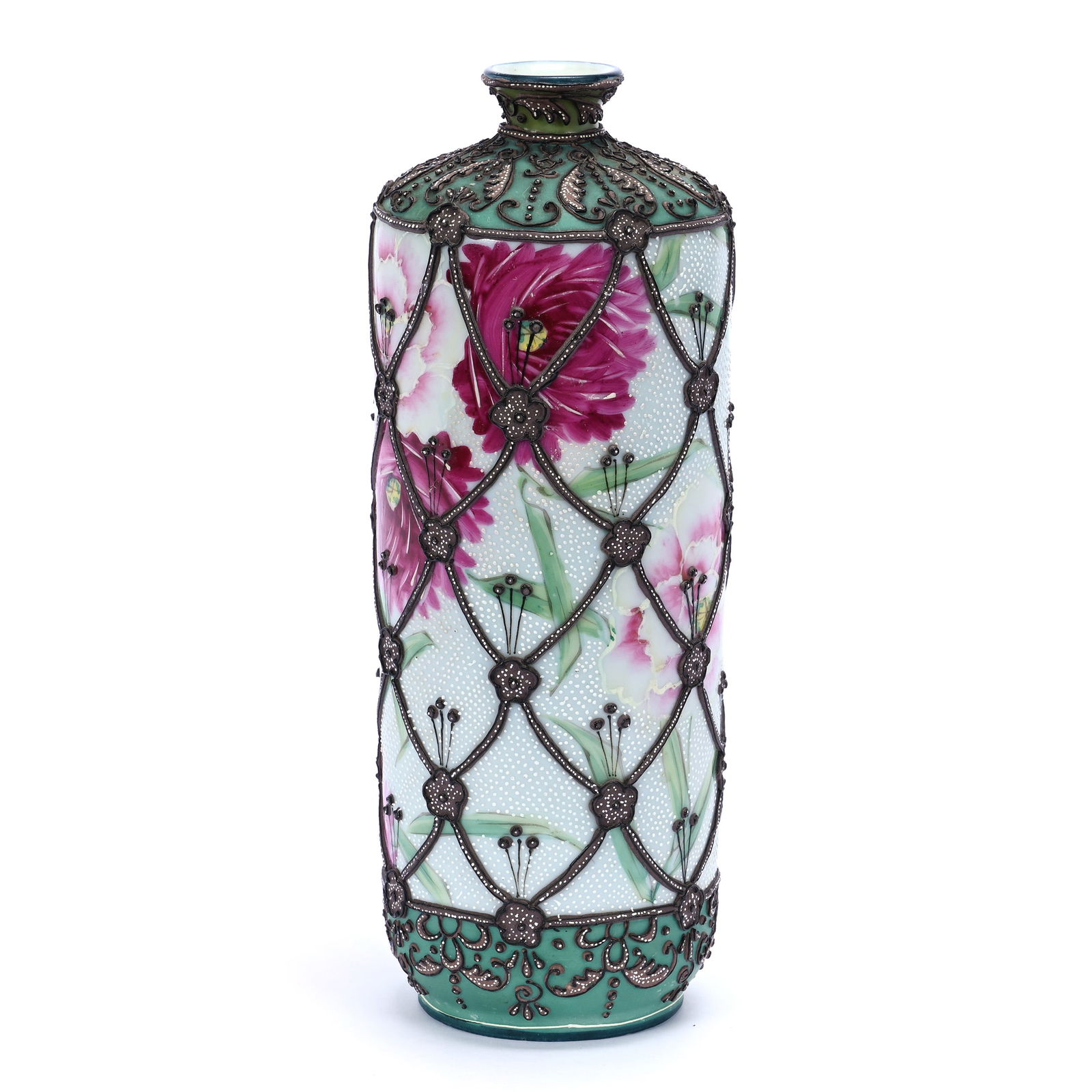 Vase, Unmarked Nippon, White With Green Border, Pink Floral Decor (1 of 3)